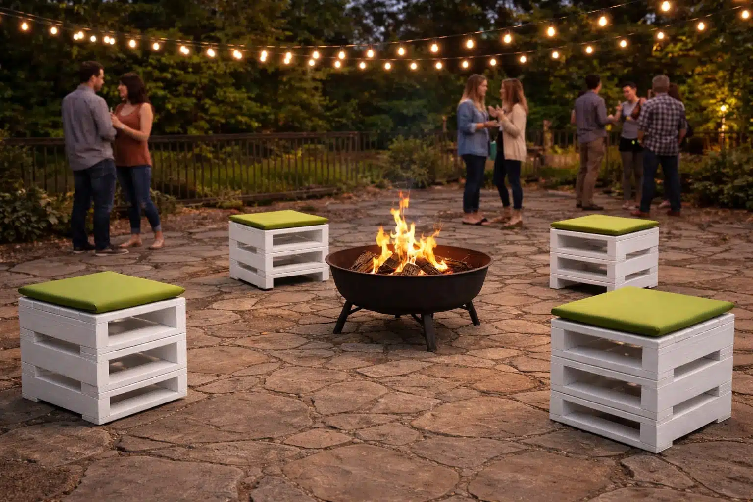 pallet pods seating near fire pit